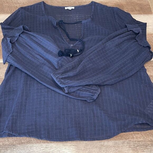 Splendid Womens Blouson Long Sleeve Ruffle Tassel Peasant Blouse Top Navy‎ Small - Picture 6 of 10